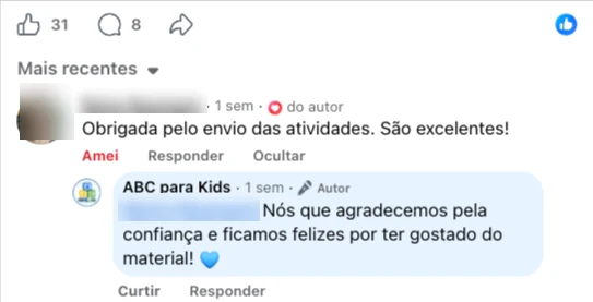 Comentário de uma cliente no Facebook: “Obrigada pelo envio das atividades. São excelentes!”. Abaixo, a resposta da ABC para Kids agradecendo pela confiança.